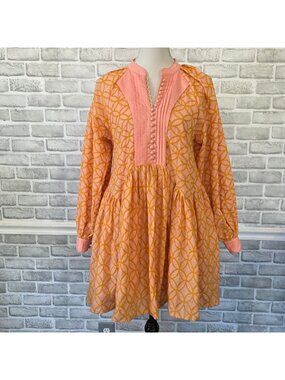 Peach Cotton Eyelet Mini Dress Embroidered Boho Summer Garden Party Guest Medium